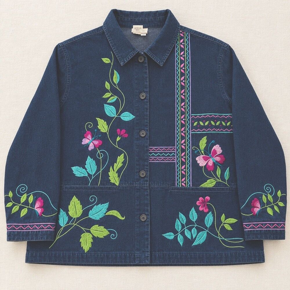 Coldwater Creek Vintage Embroidered Floral Denim Jacket Chore Coat Grannycore 2X